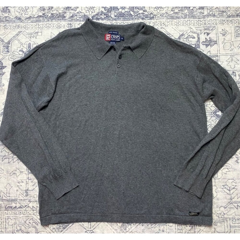 Chaps Ralph Lauren Mens Gray Long Sleeve‎ Polo Shirt XL Henley Cotton Vintage
